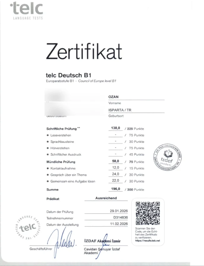 telc Deutsch B1 öğrenci başarı sertifikası