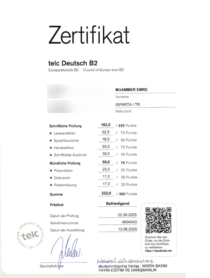 telc Deutsch B2 öğrenci başarı sertifikası