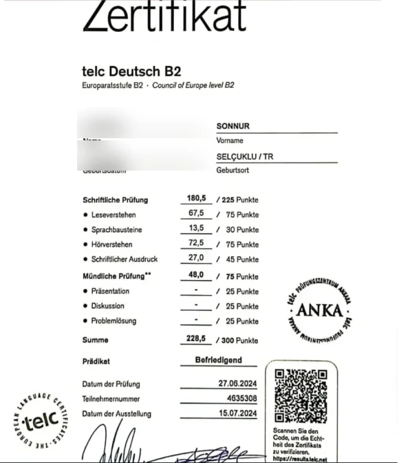 telc Deutsch B2 öğrenci başarı sertifikası
