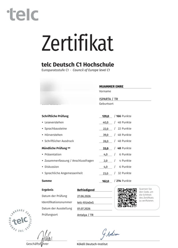telc Deutsch C1 Hochschule öğrenci başarı sertifikası